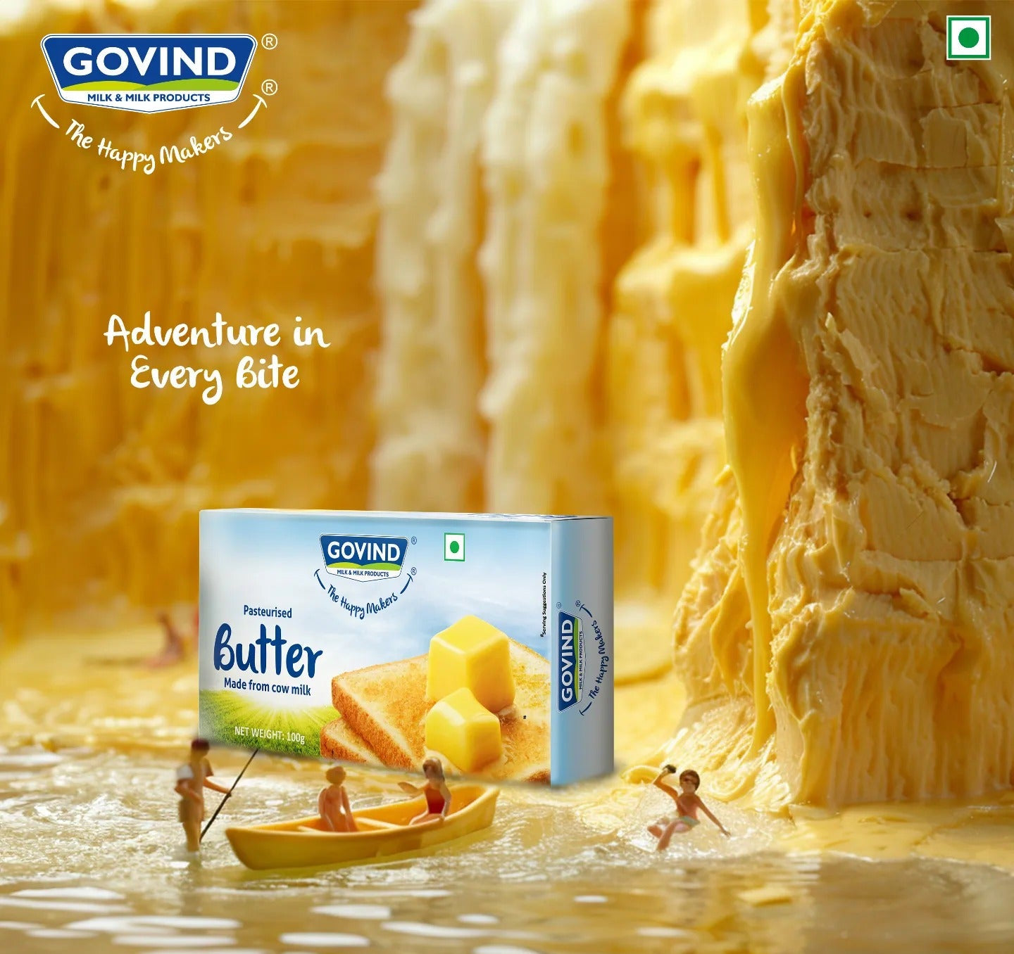 Govind butter packaging with a miniature scene of people in a boat and children playing in water, set against a background of butter blocks.