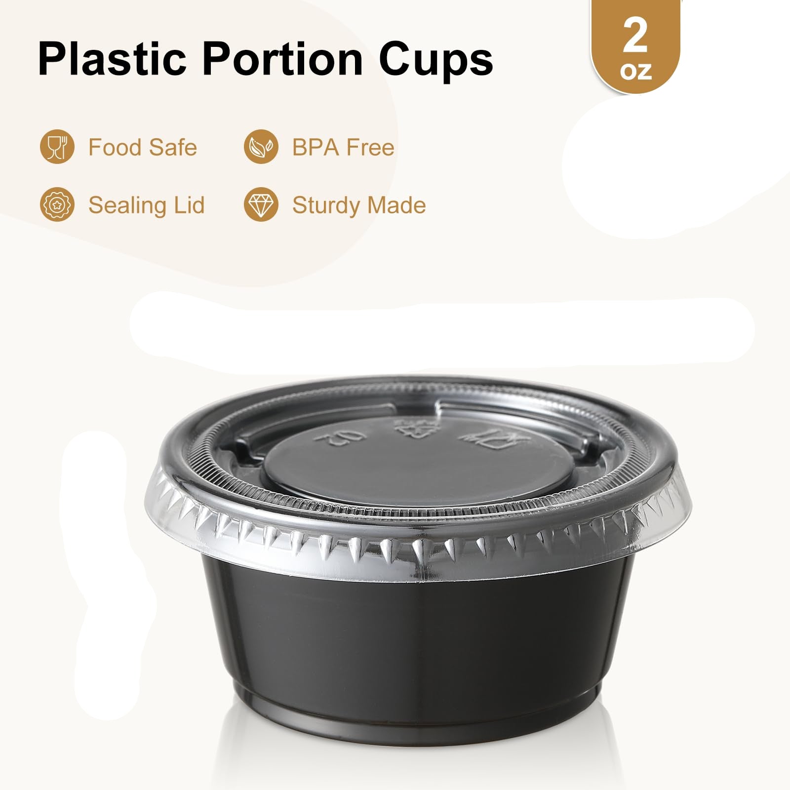 Black plastic portion cup with lid on a white background, featuring product details and dimensions.