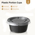 Black plastic portion cup with lid on a white background, featuring product details and dimensions.