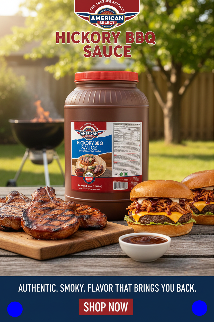 Jar of American Select Hickory BBQ Sauce with grilled chicken, burgers, and sauce on a wooden board outdoors.