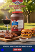 Jar of American Select Hickory BBQ Sauce with grilled chicken, burgers, and sauce on a wooden board outdoors.