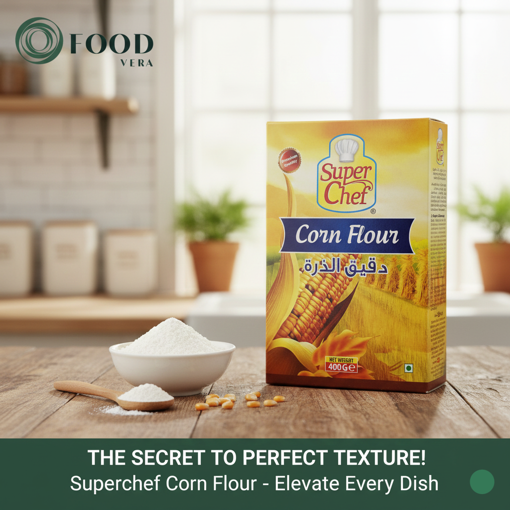 Superchef Corn Flour box on a wooden table with a bowl of flour and corn kernels.