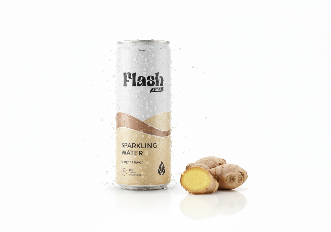 Can of Flash sparkling water with ginger flavor on a white background