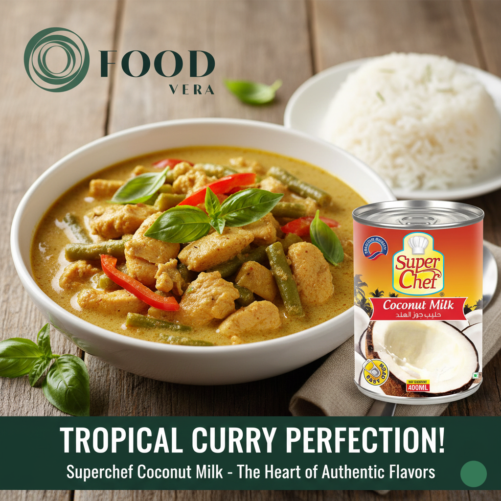 Bowl of tropical curry with rice and Super Chef coconut milk can on a wooden table.