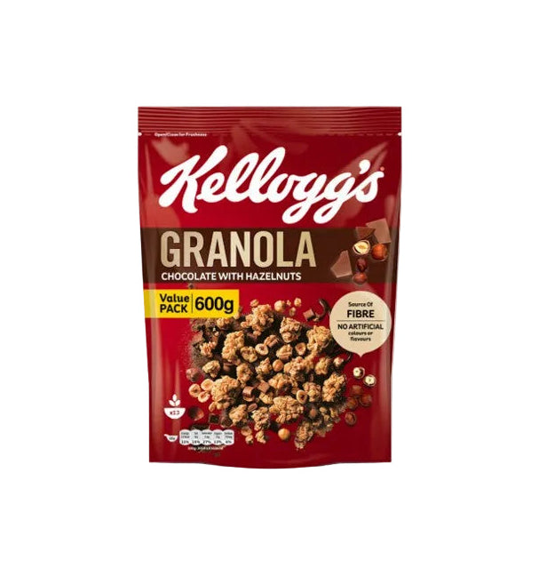 Kellogg's Granola Chocolate with Hazelnuts packaging on a white background