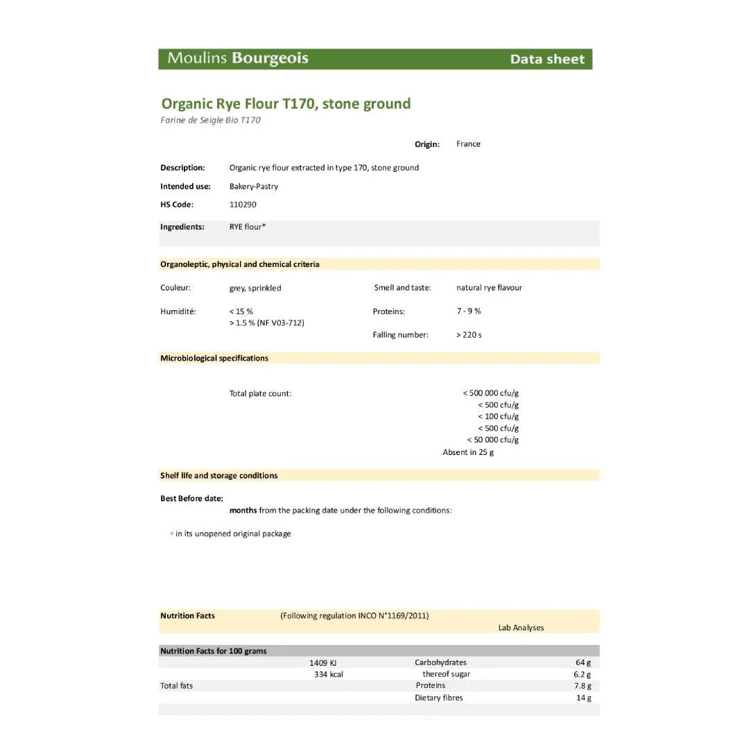 Moulins Bourgeois Organic Rye Flour T170 Stone Ground (25kg)